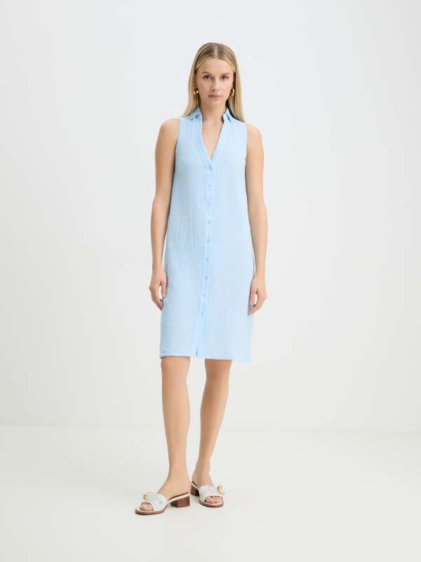 Женское платье-рубашка из муслина BLN924-1/4236245, небесно-голубой MAISON DAVID купить по оптовым и розничным ценам