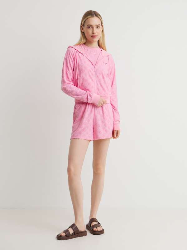 Женская толстовка PEONY JACQUARD HOODED FULL ZIP V5GQ00KCT02/4727419, розовый Guess купить по оптовым и розничным ценам