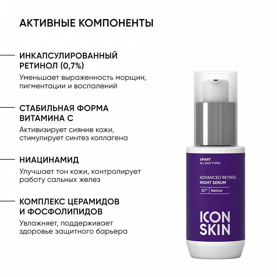 Сыворотка ночная с 0,7% ретинола / Smart Advanced Retinol 30 мл ICON SKIN купить по оптовым и розничным ценам